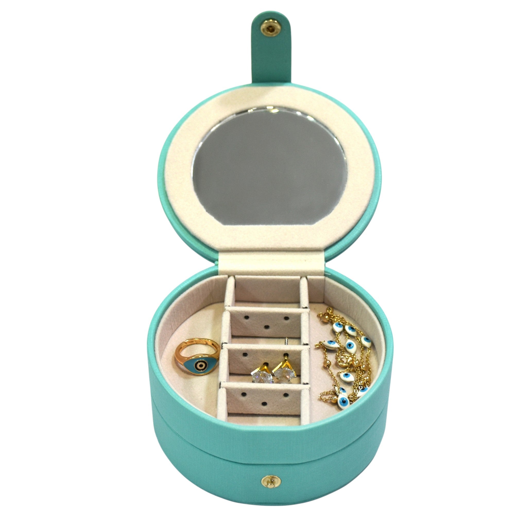 Two Layered Round Portable Jewellery Organiser with Mirror.