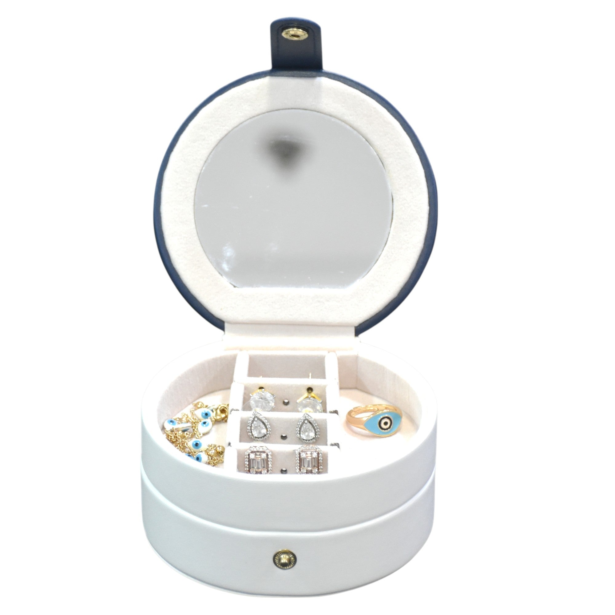 Two Layered Round Portable Jewellery Organiser with Mirror.