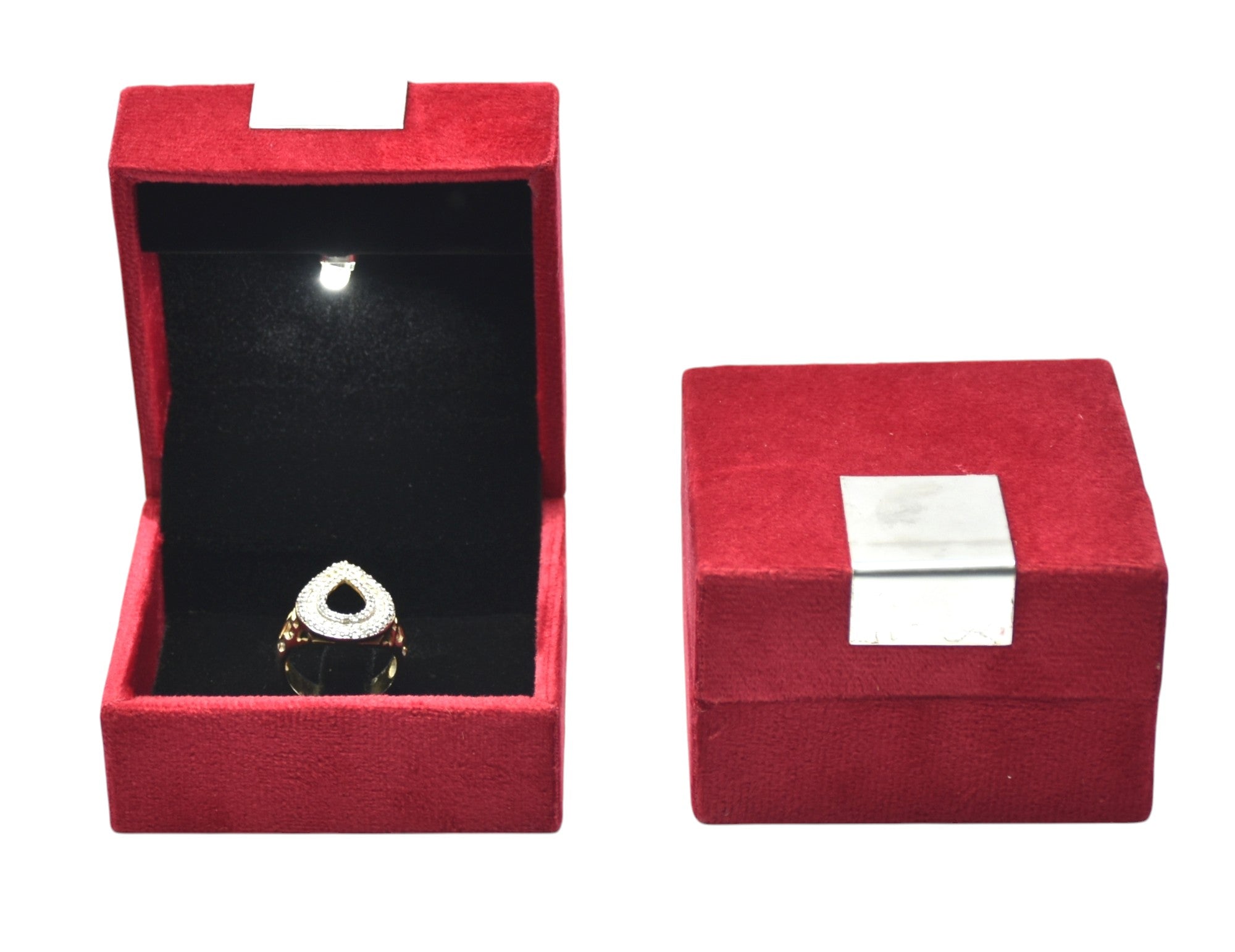 Red Velvet Jewellery Box With Metal Plate & LED Light.