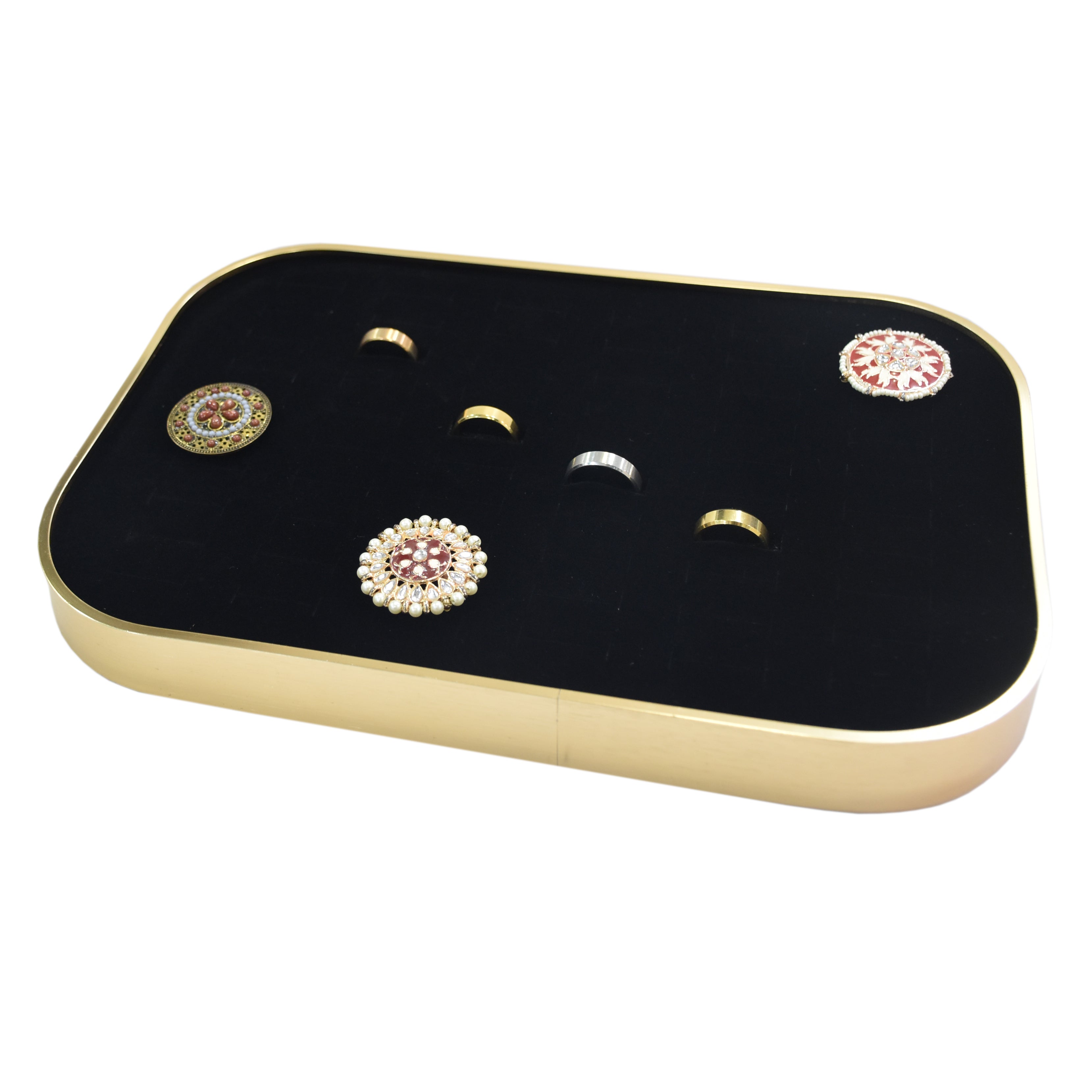 Elegant Jewellery Display Tray – Pink Gold Frame with Black Suede Lining (11.75 x 8.0 x 1.0)