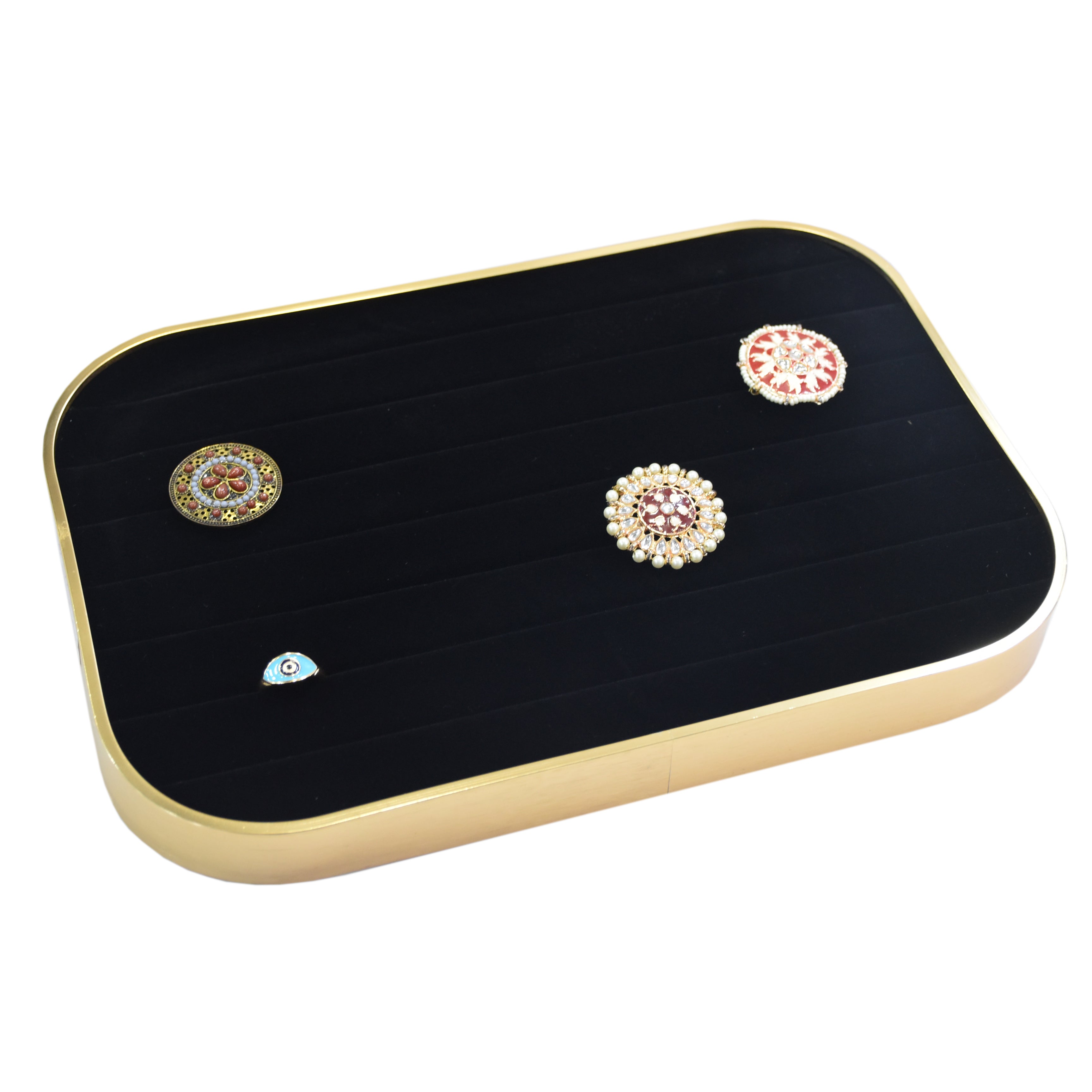 Elegant Jewellery Display Tray – Pink Gold Frame with Black Suede Lining (11.75 x 8.0 x 1.0)