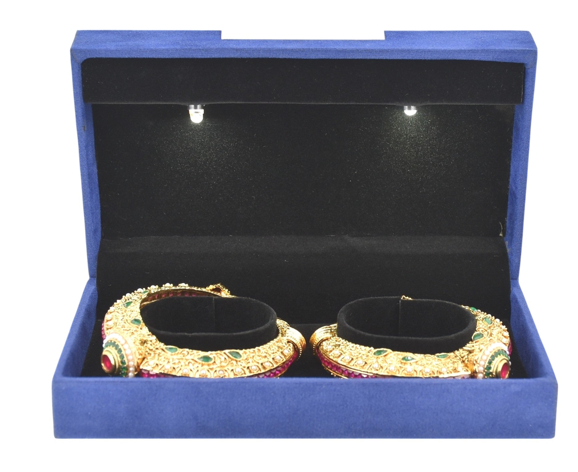 Blue Velvet Jewellery Box with Metal plate & LED Light.