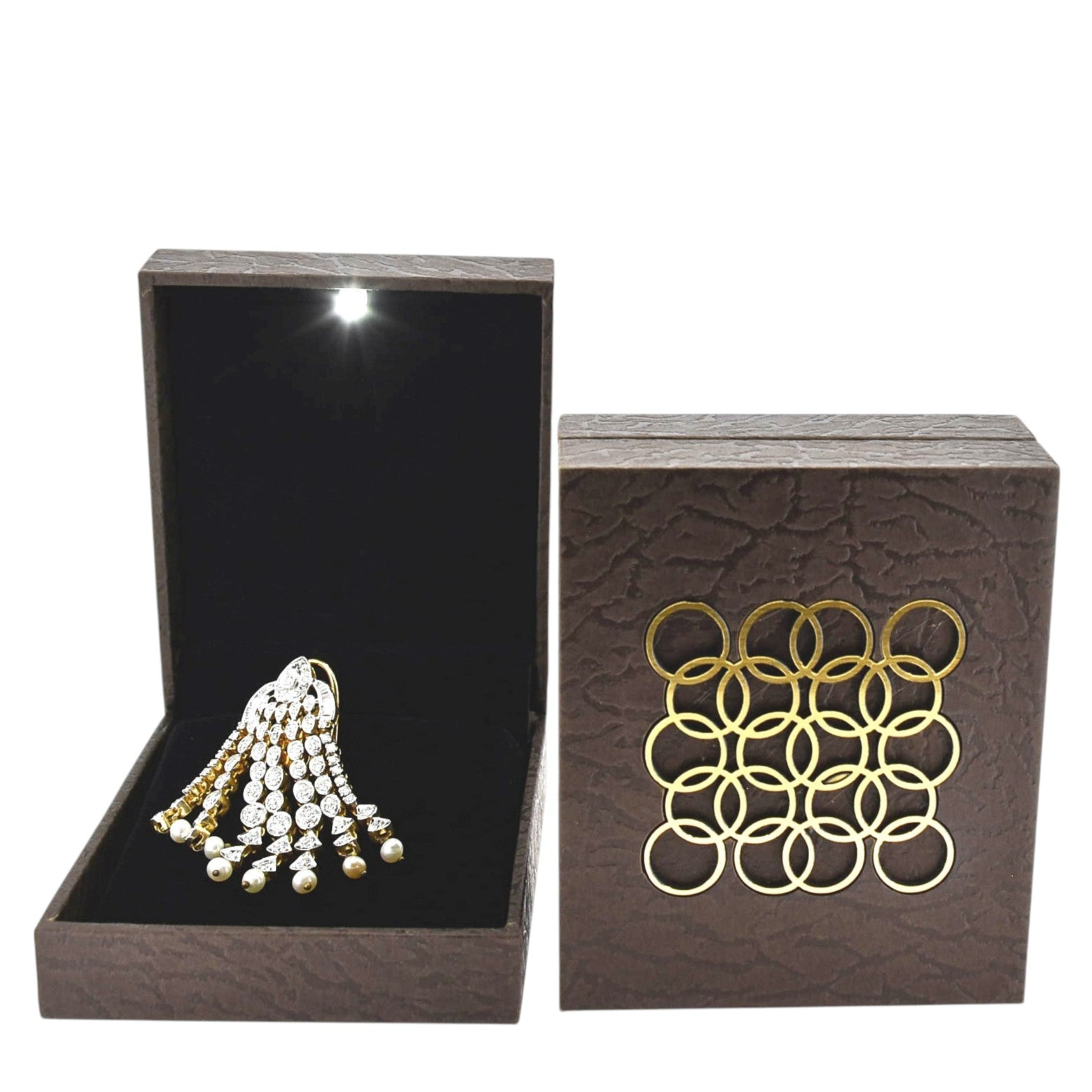 Brown Jewellery Box With Laser Cut Design & LED Light