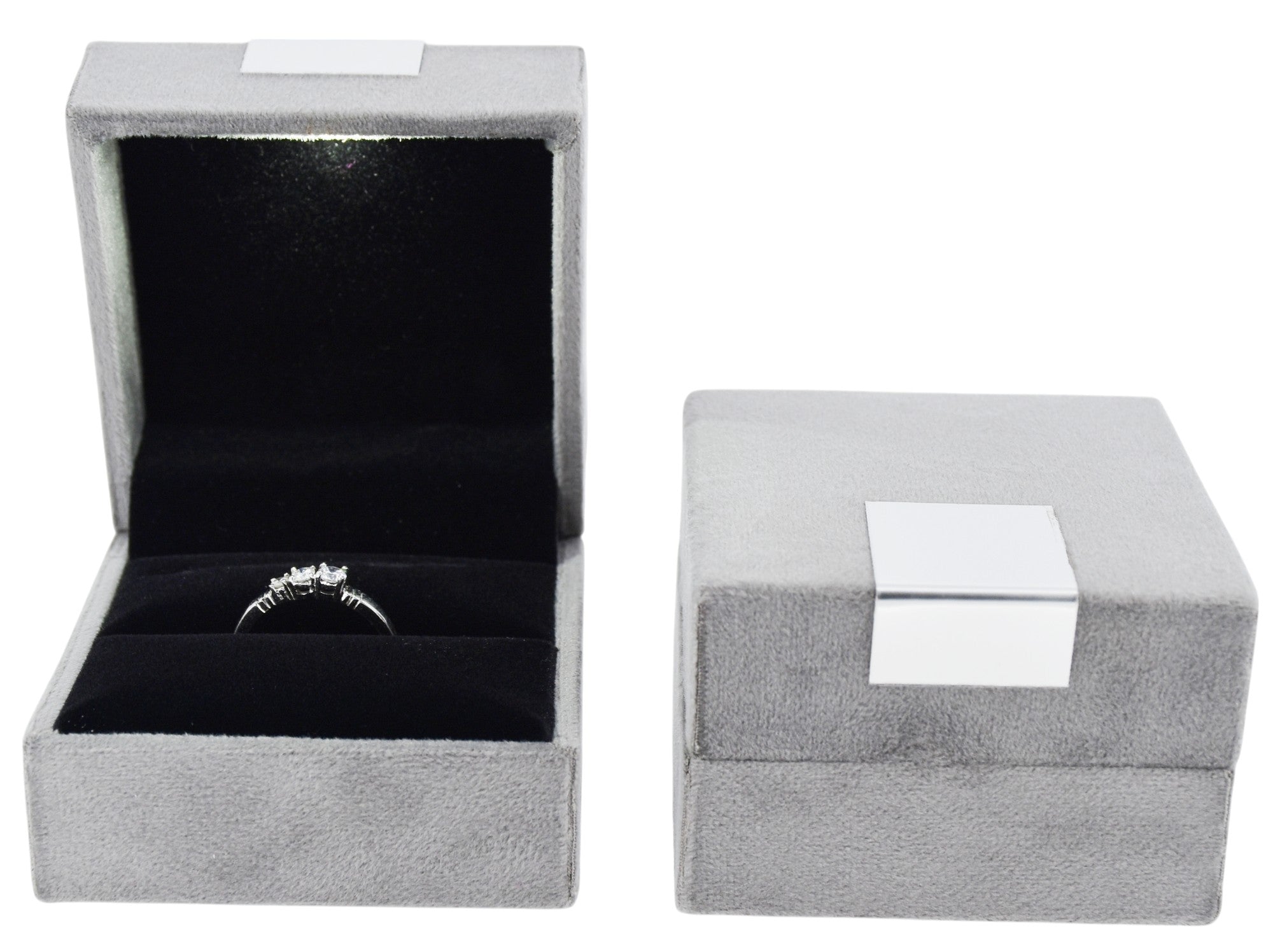 Grey Velvet Jewellery Box With Metal Plate & LED Light.