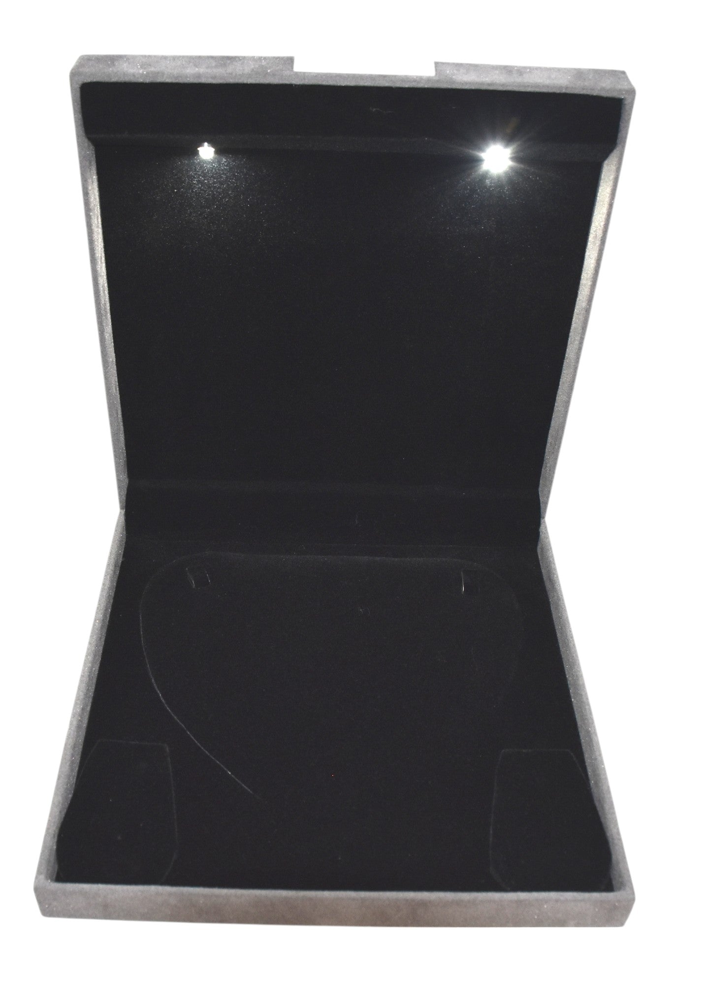 Grey Velvet Jewellery Box With Metal Plate & LED Light.