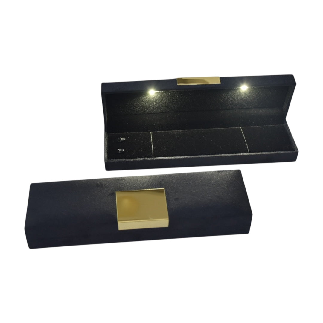 Black Velvet Jewelry Box With Metal Plate & LED Light.