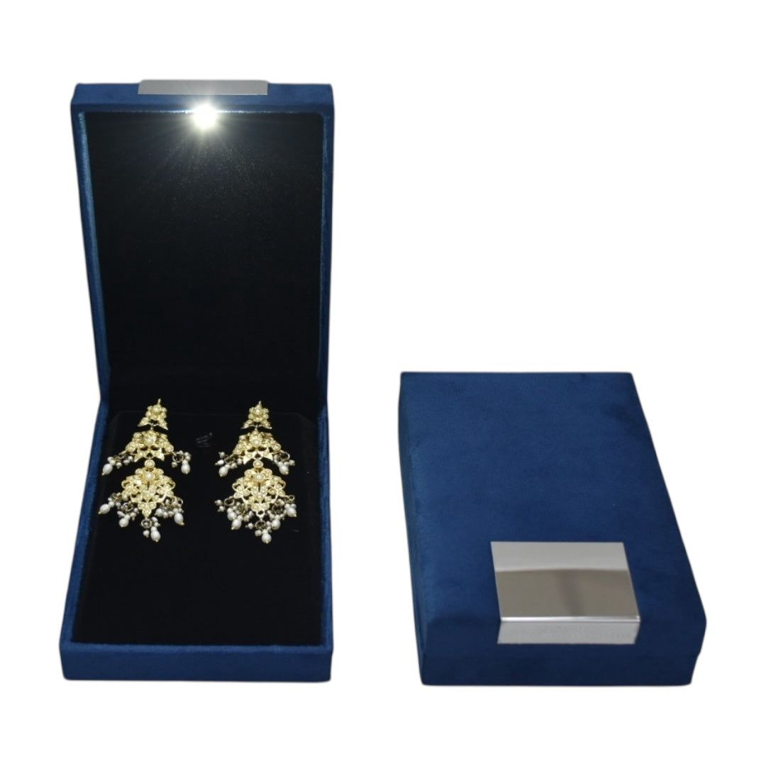 Blue Velvet Jewellery Box with Metal plate & LED Light.