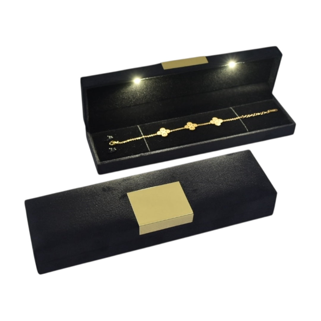 Black Velvet Jewelry Box With Metal Plate & LED Light.