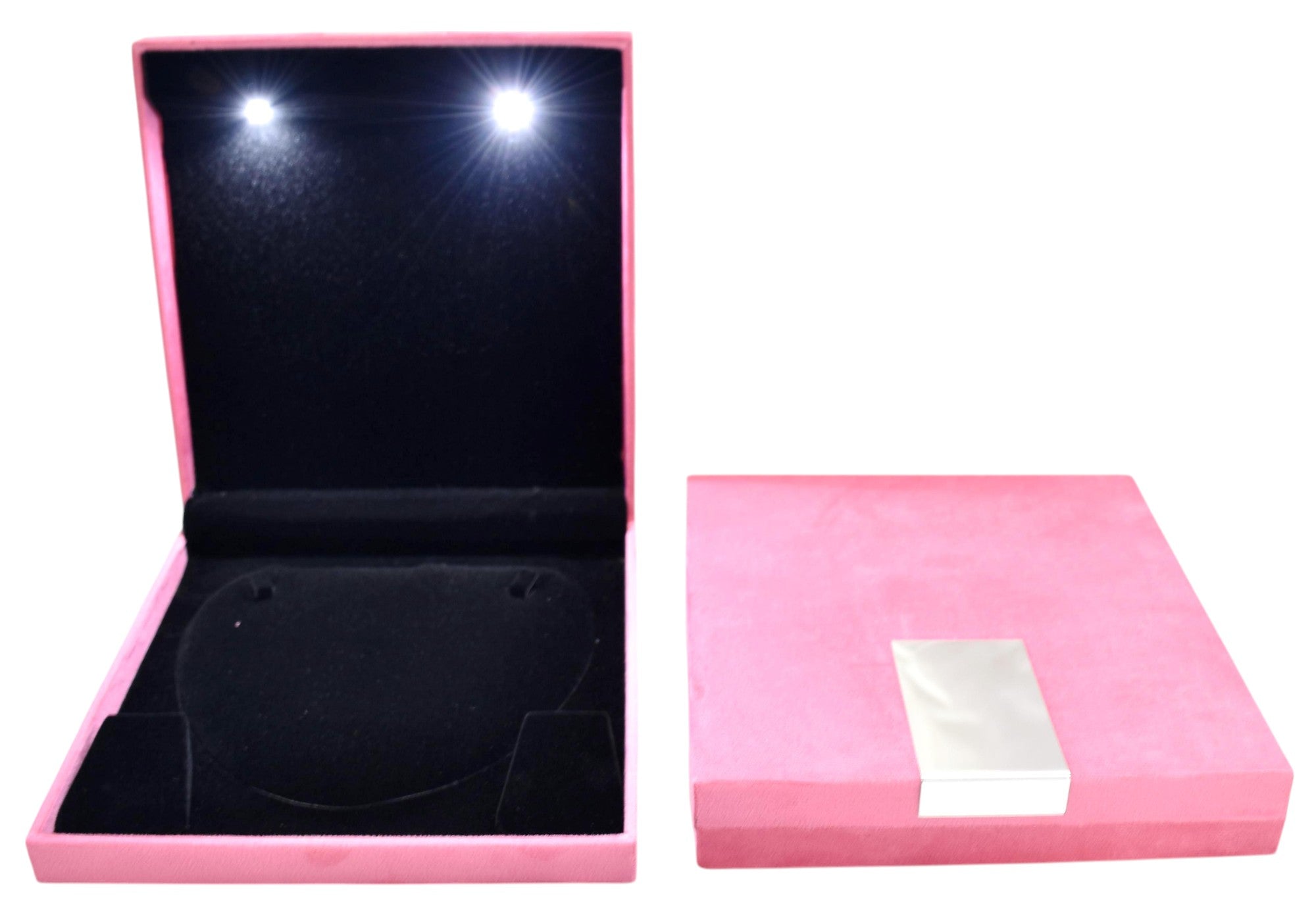 Pink Velvet Jewellery Box With Metal Plate & LED Light.
