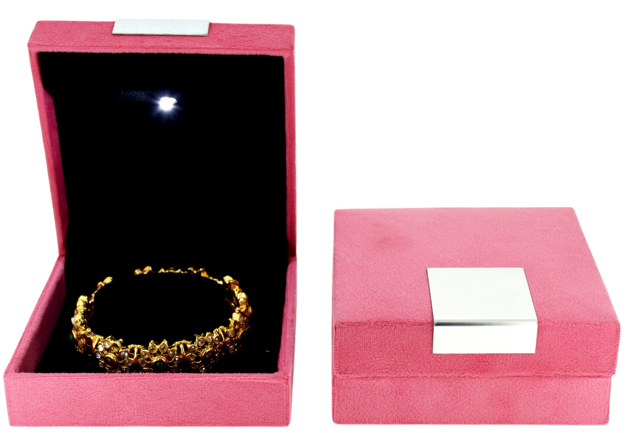 Pink Velvet Jewellery Box With Metal Plate & LED Light.
