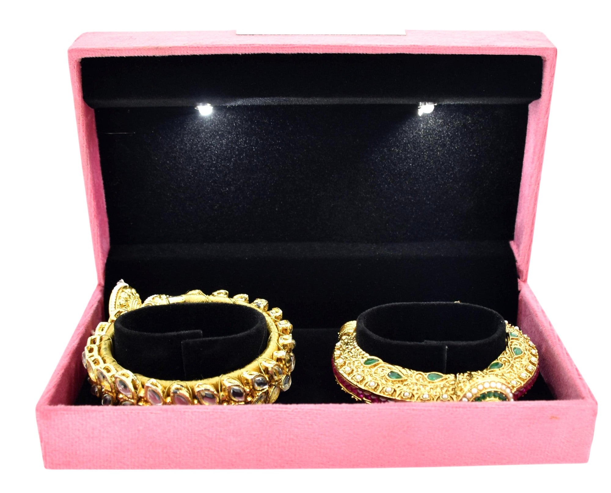 Pink Velvet Jewellery Box With Metal Plate & LED Light.