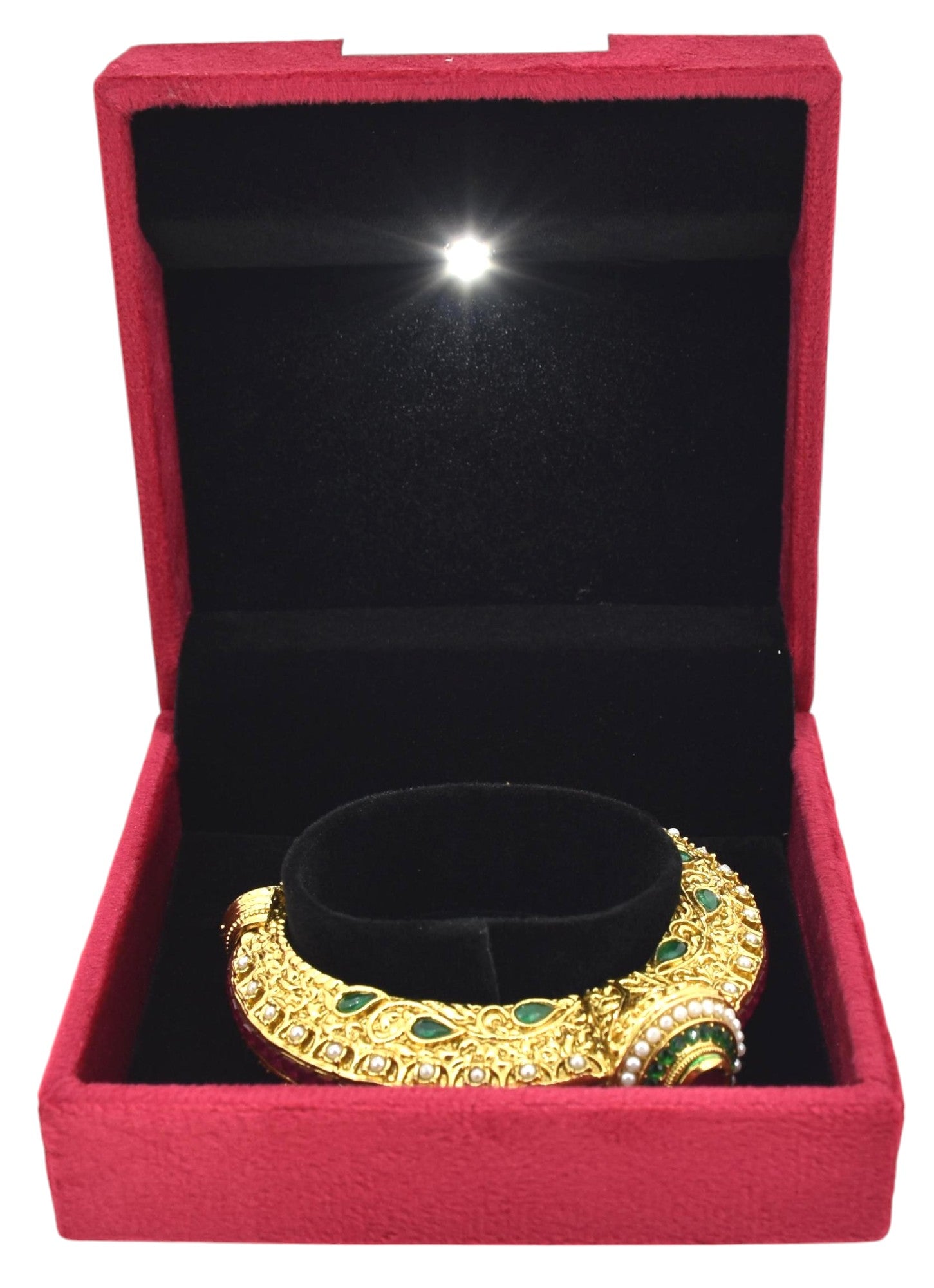 Red Velvet Jewellery Box With Metal Plate & LED Light.