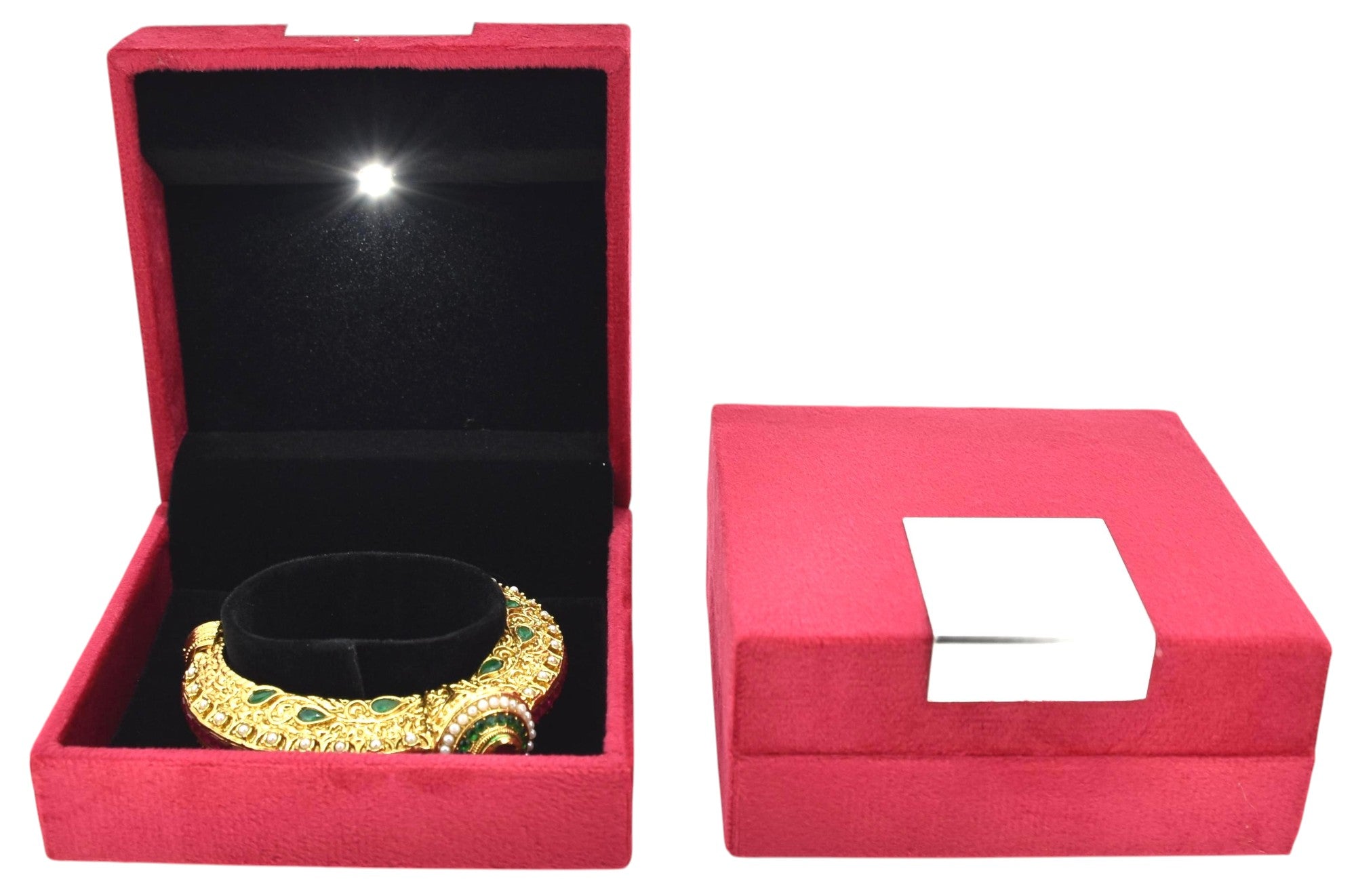 Red Velvet Jewellery Box With Metal Plate & LED Light.